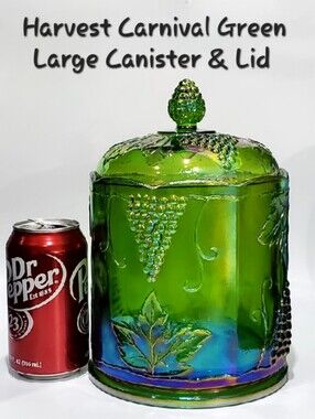 Large Harvest Carnival 💚 Green Iridescent Glass Canister & Lid by Colony 🇺🇲